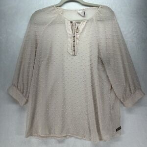 Matilda Jane Serendipity Top Women's Sz Medium Light Pink Swiss Dot Sheer Flawed